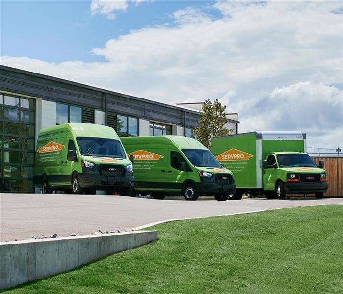 SERVPRO vehicles, ready for storm cleanup, stand prepared to assist in restoring communities affected by natural disasters.